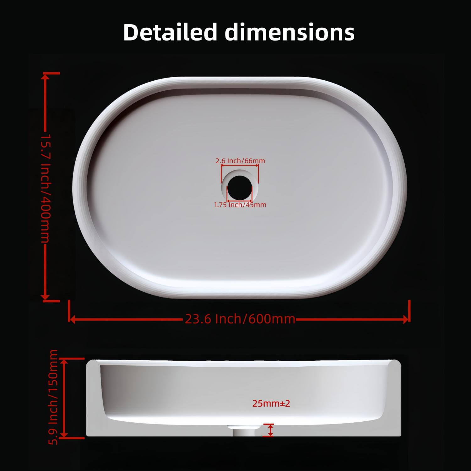 24" White Natural Marble Oval Bathroom Vessel Sink for Vanity Countertop