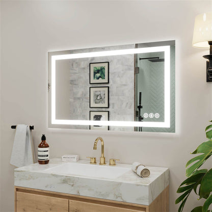 Wide LED bathroom mirror with perimeter lighting and integrated touch controls