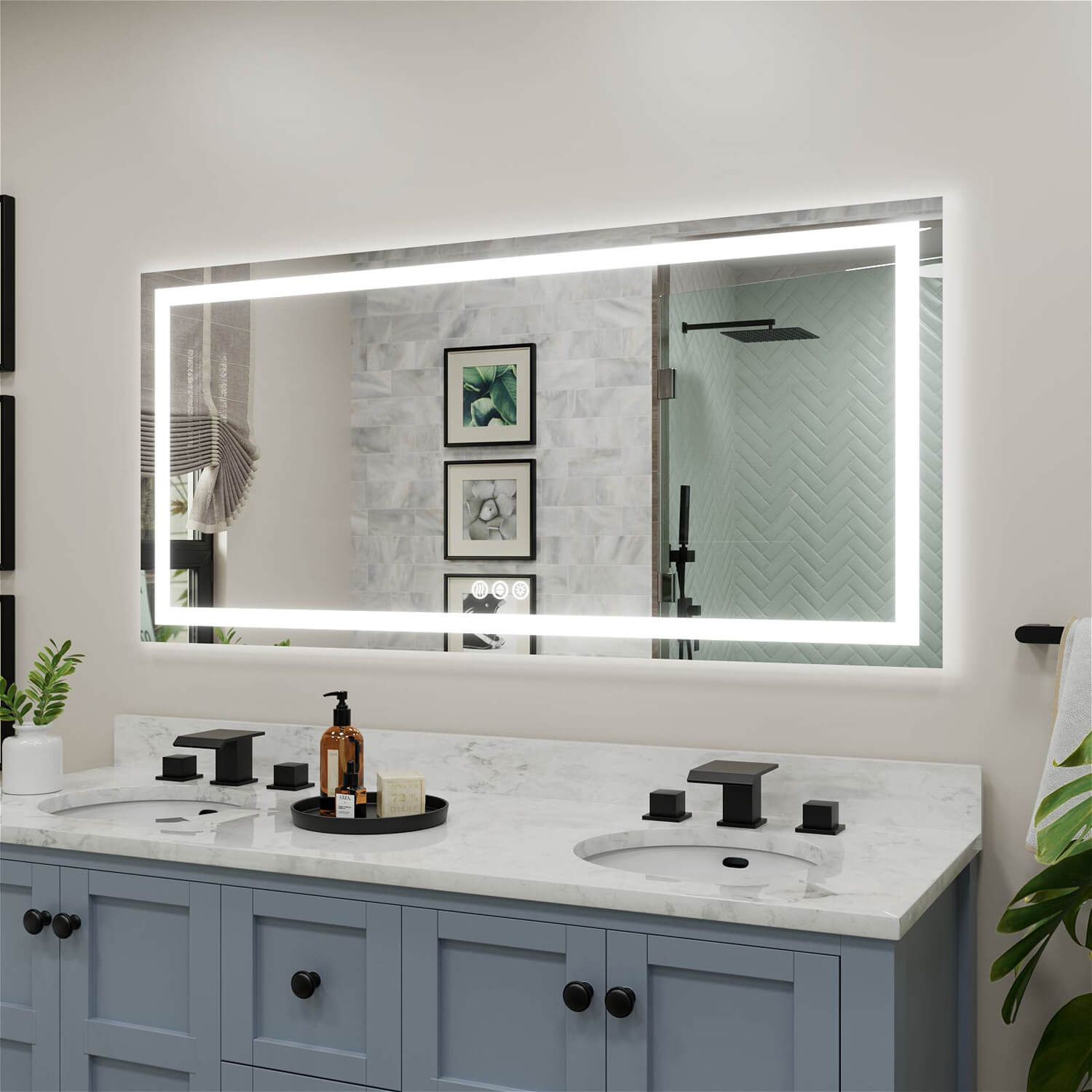 Wide LED bathroom mirror with perimeter lighting and touch controls at the bottom left