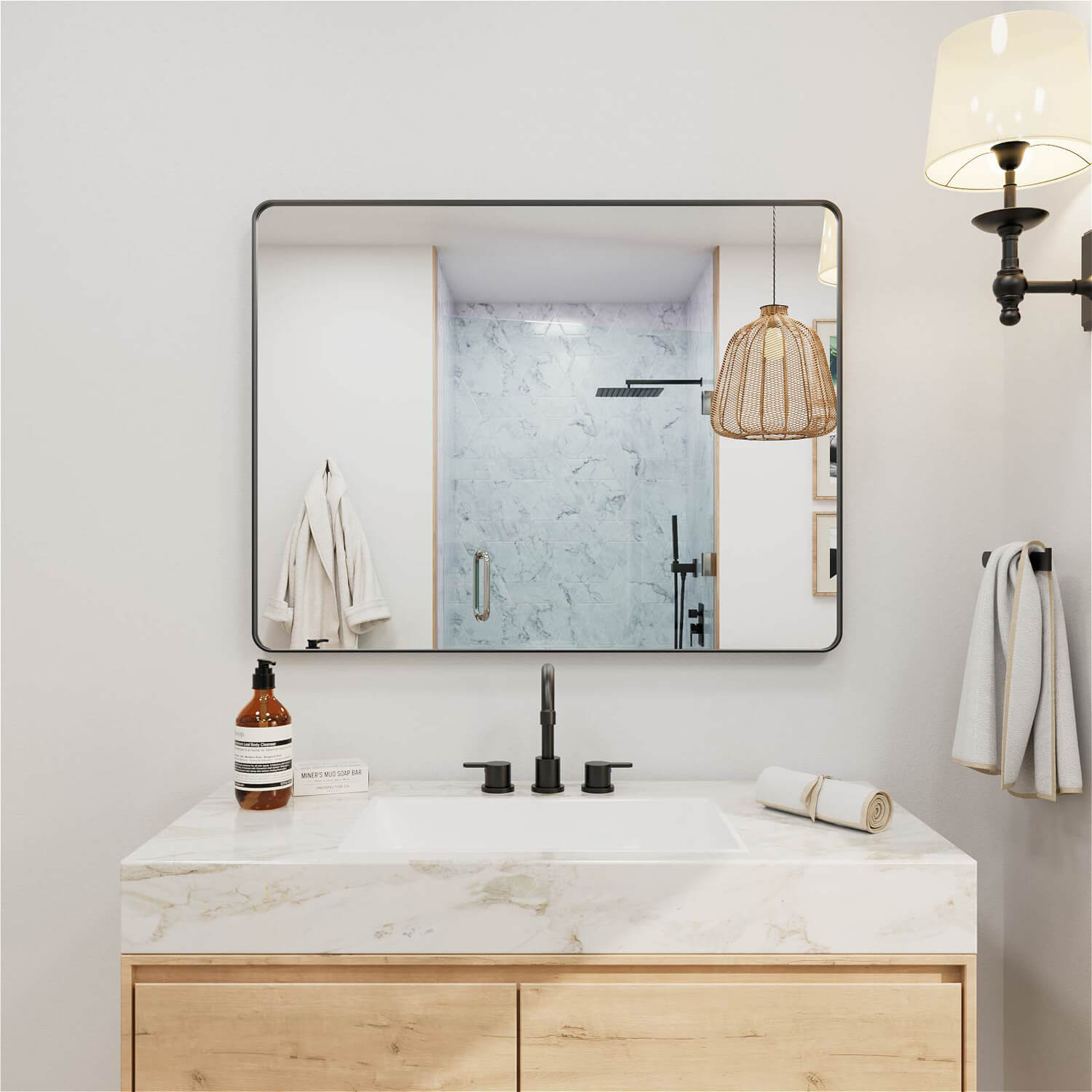 Wide black framed rounded corner vanity mirror