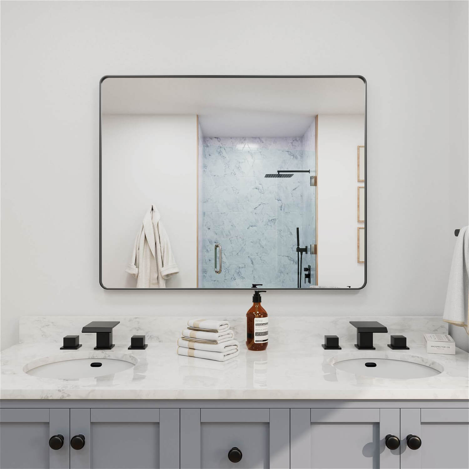 Wide rectangular black framed bathroom mirror for double vanity