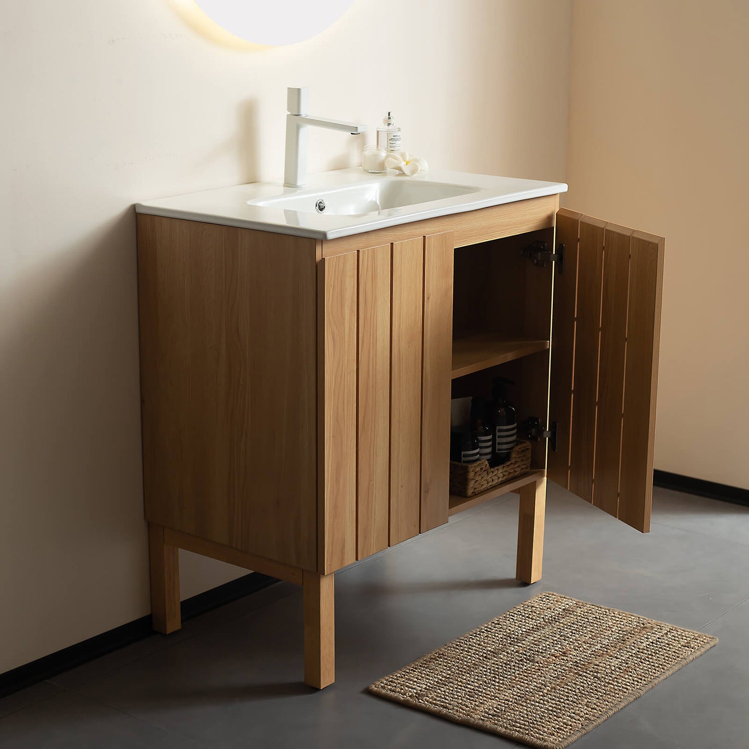 Wood grain bathroom vanity with minimalist Scandinavian design