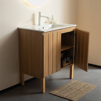 Wood grain bathroom vanity with minimalist Scandinavian design