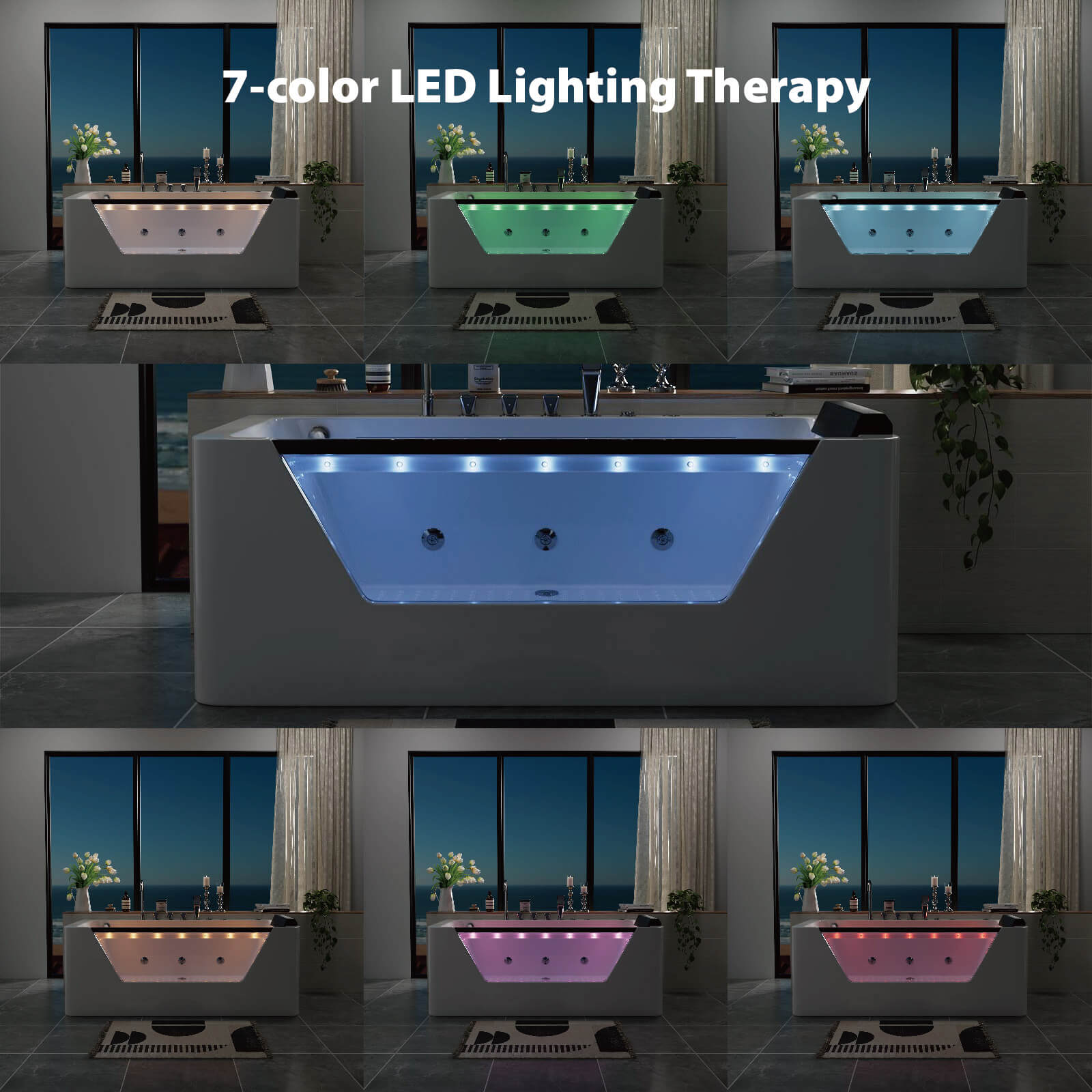67" Whirlpool Bathtub with 7 Jets, Glass Panel Jetted Tub, Hydro Massage &amp; LED Lights