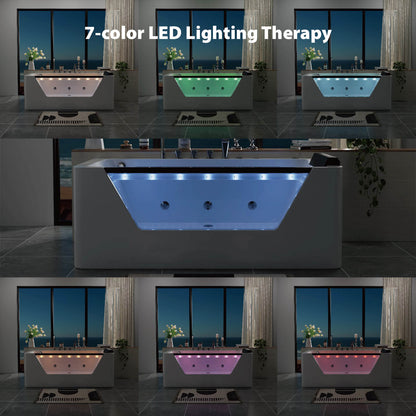 67" Whirlpool Bathtub with 7 Jets, Glass Panel Jetted Tub, Hydro Massage &amp; LED Lights