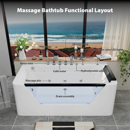 67" Whirlpool Bathtub with 7 Jets, Glass Panel Jetted Tub, Hydro Massage &amp; LED Lights