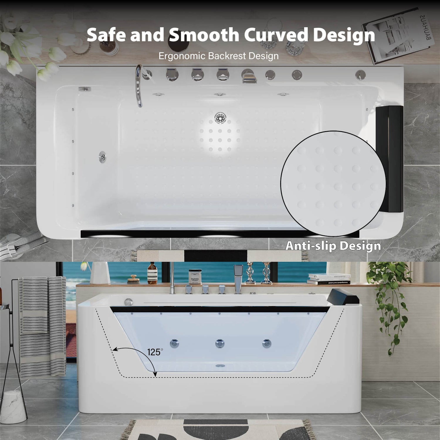 67" Whirlpool Bathtub with 7 Jets, Glass Panel Jetted Tub, Hydro Massage &amp; LED Lights