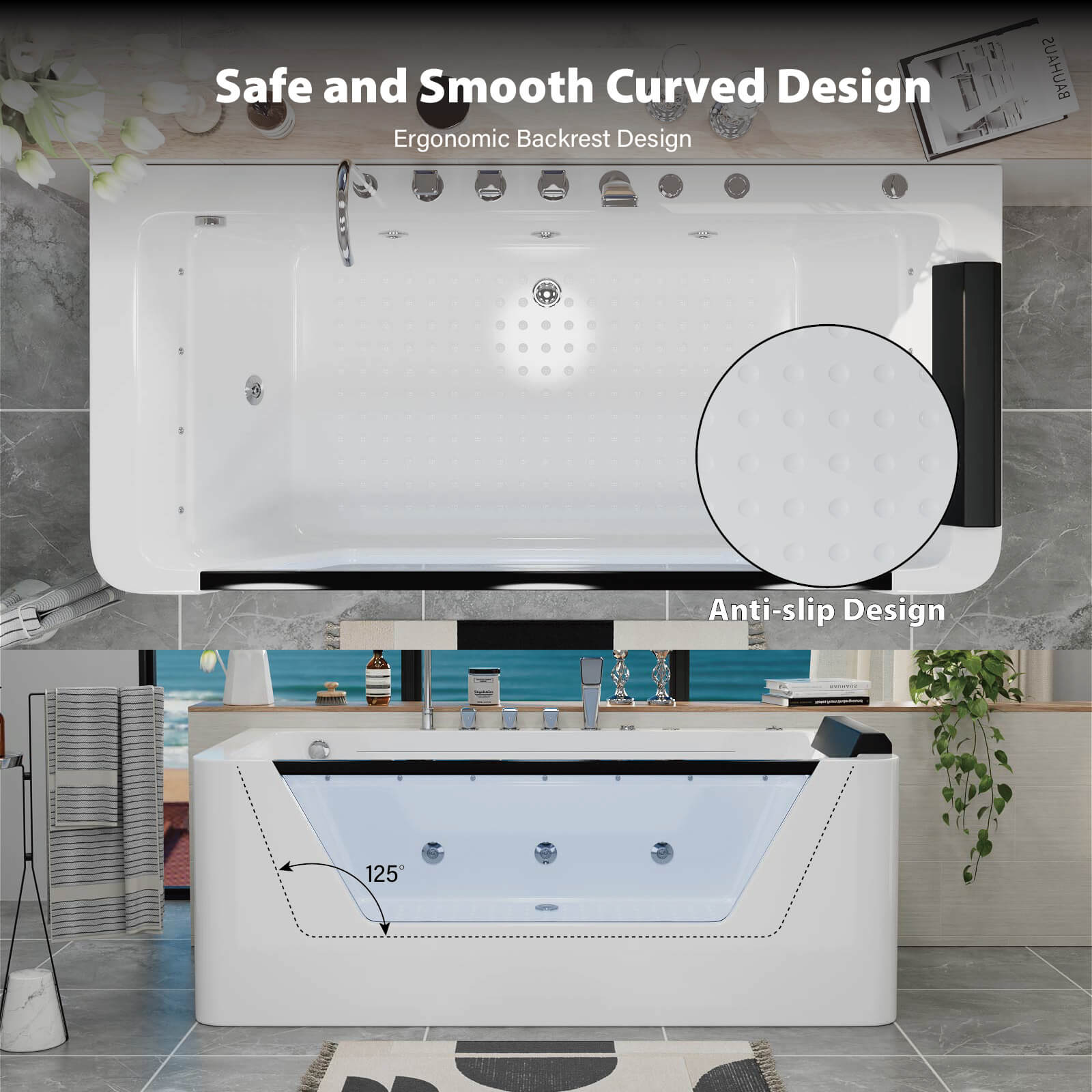 67" Whirlpool Bathtub with 7 Jets, Glass Panel Jetted Tub, Hydro Massage &amp; LED Lights