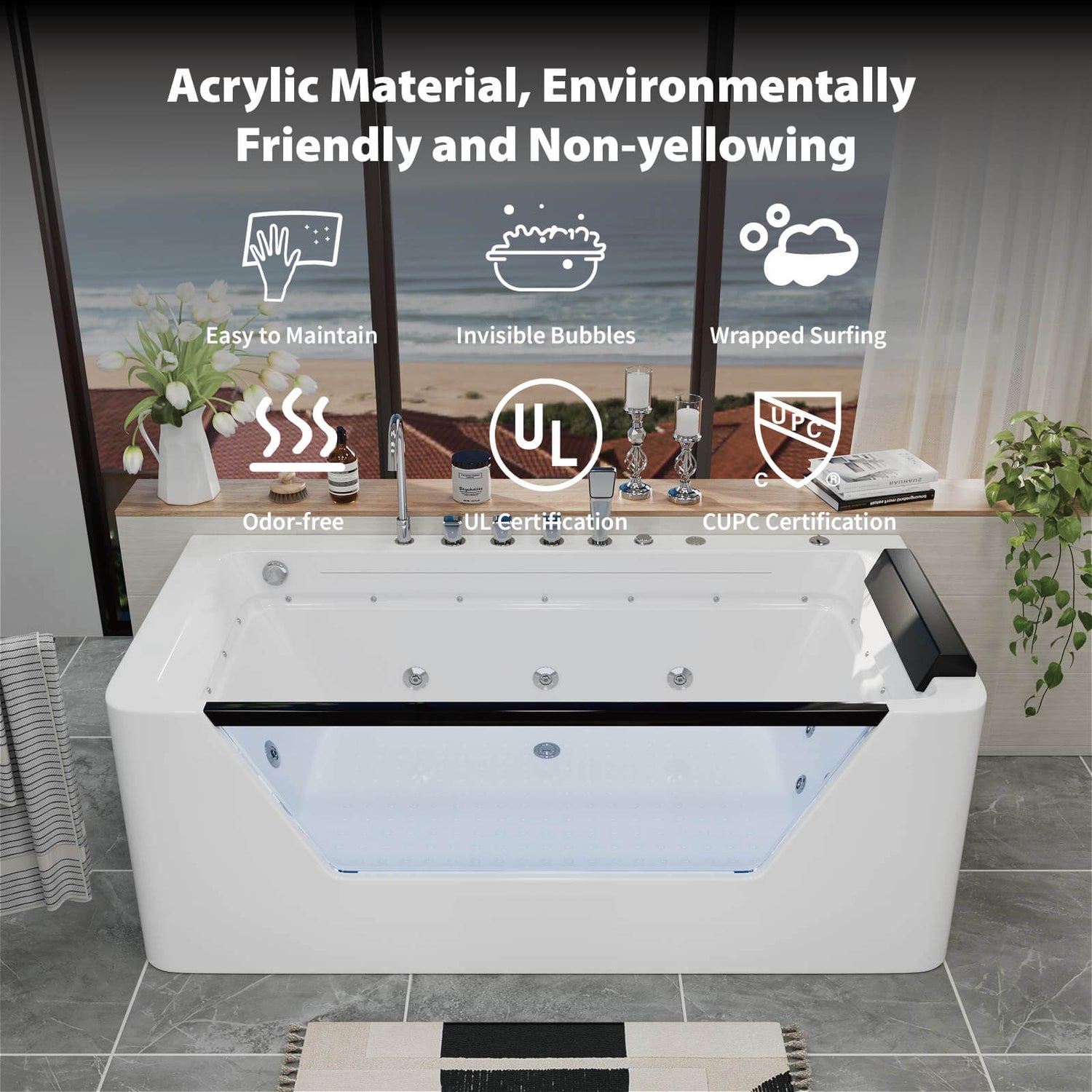 67" Whirlpool Bathtub with 7 Jets, Glass Panel Jetted Tub, Hydro Massage &amp; LED Lights