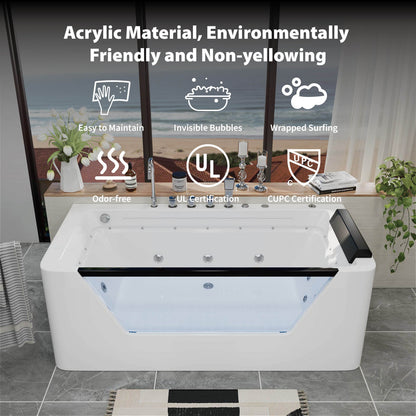 67" Whirlpool Bathtub with 7 Jets, Glass Panel Jetted Tub, Hydro Massage &amp; LED Lights