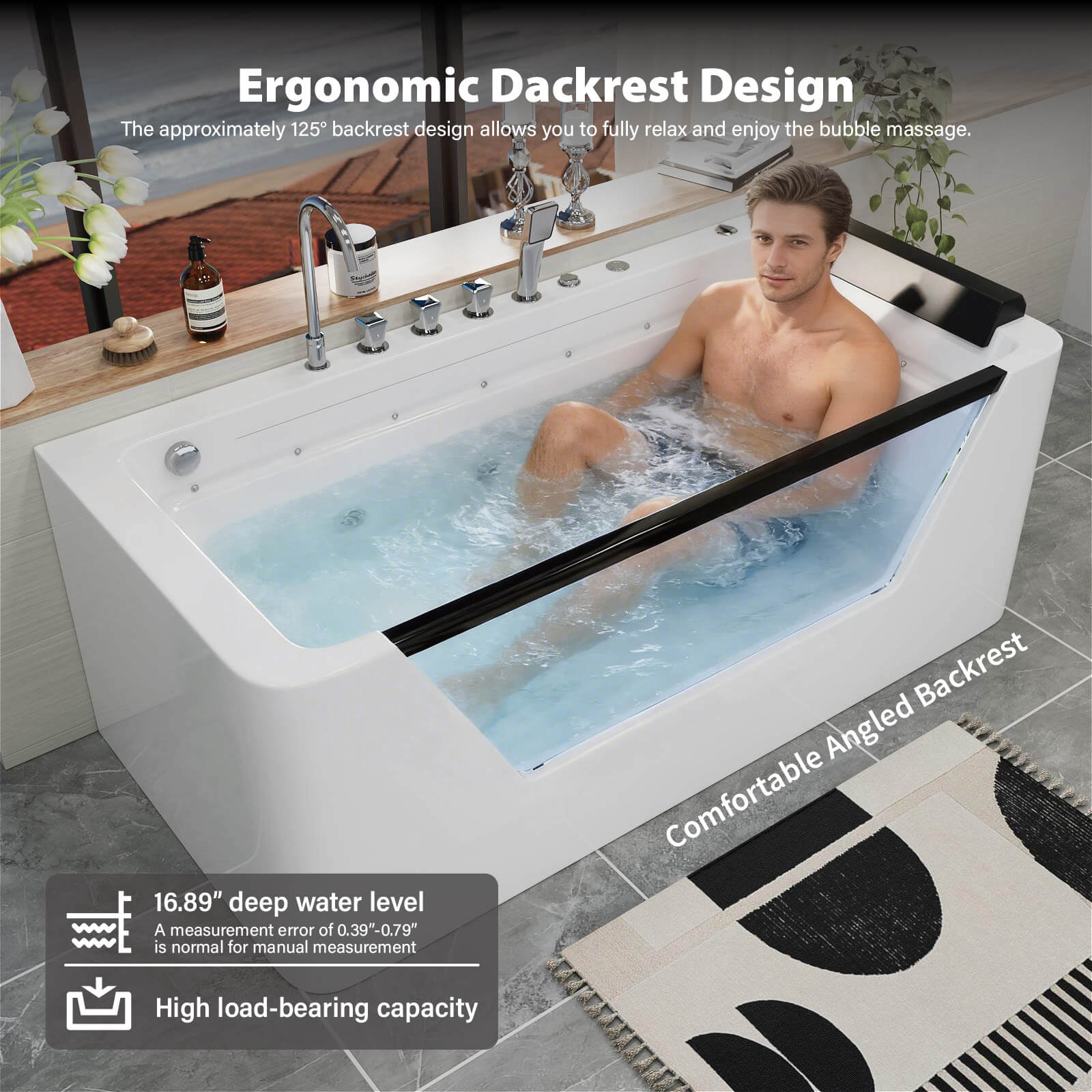 67" Whirlpool Bathtub with 7 Jets, Glass Panel Jetted Tub, Hydro Massage &amp; LED Lights