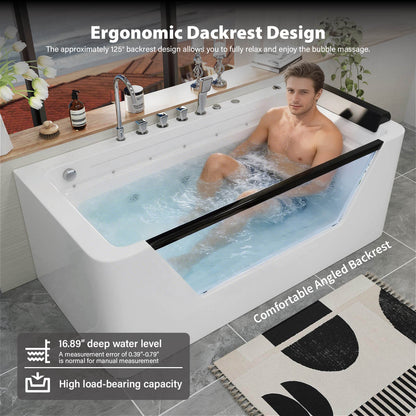 67" Whirlpool Bathtub with 7 Jets, Glass Panel Jetted Tub, Hydro Massage &amp; LED Lights