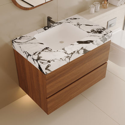 High Angle View 29.9 inch Walnut Floating Bathroom Cabinet Single Basin