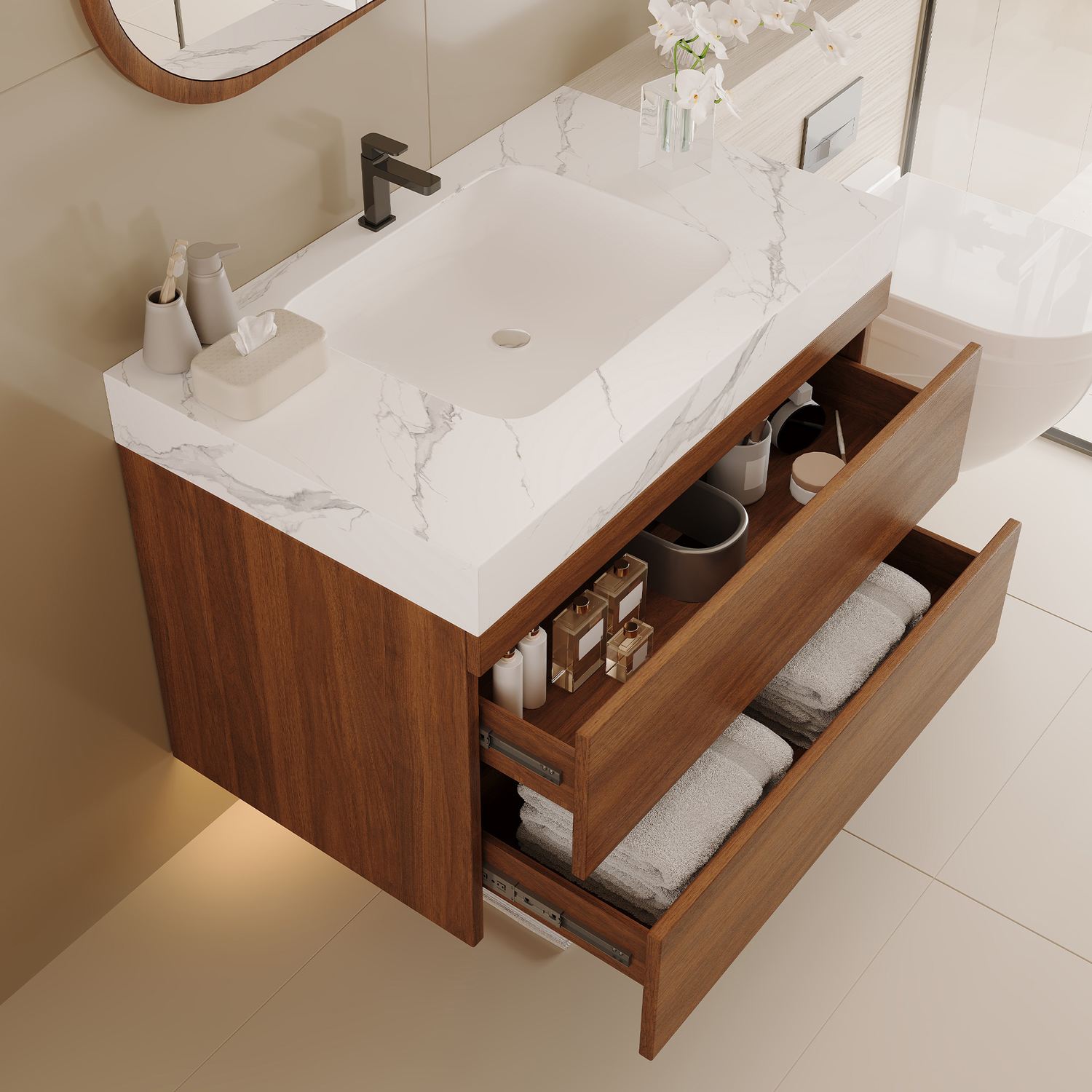 30 inch Floating Bathroom Vanity Open Storage Drawers Organization View