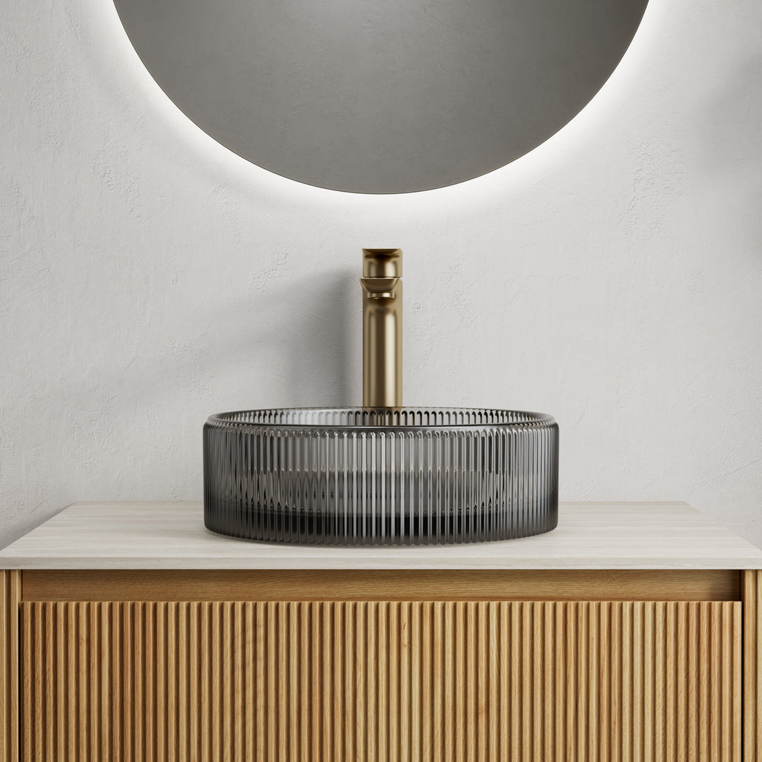 Round Transparent Black Crystal Glass Above-Counter Vessel Sink above-counter mounted vertical ribbed exterior