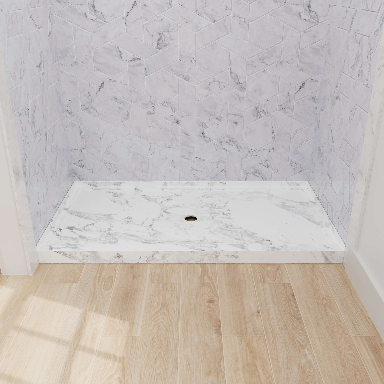 acrylic shower base with marble style pattern and center drain layout