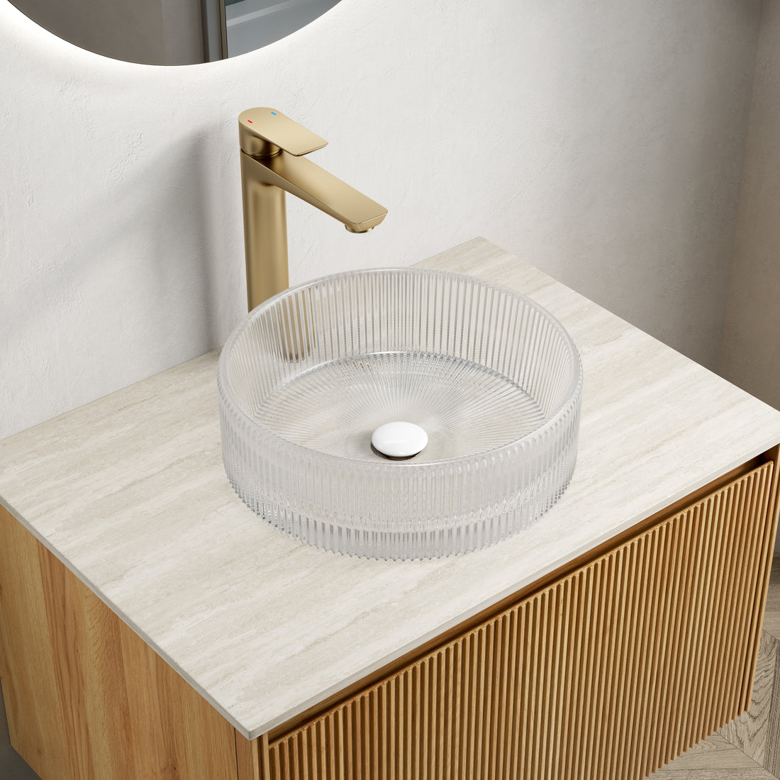 Round Transparent Crystal Glass Above-Counter Vessel Sink above-counter mounted vertical ribbed interior radial texture