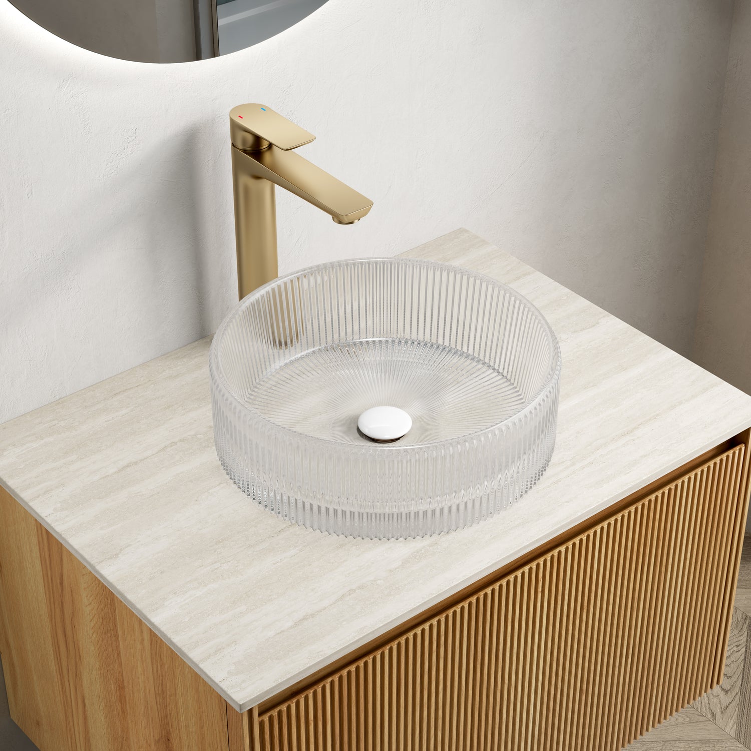 Round Transparent Crystal Glass Above-Counter Vessel Sink above-counter mounted vertical ribbed interior radial texture