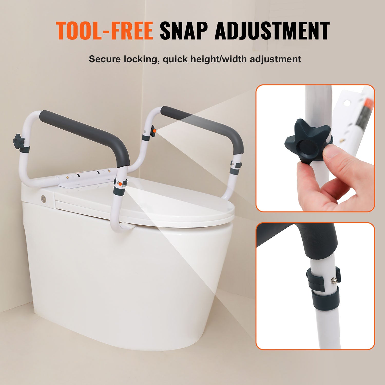 adjustable toilet safety frame with tool free quick width adjustment design
