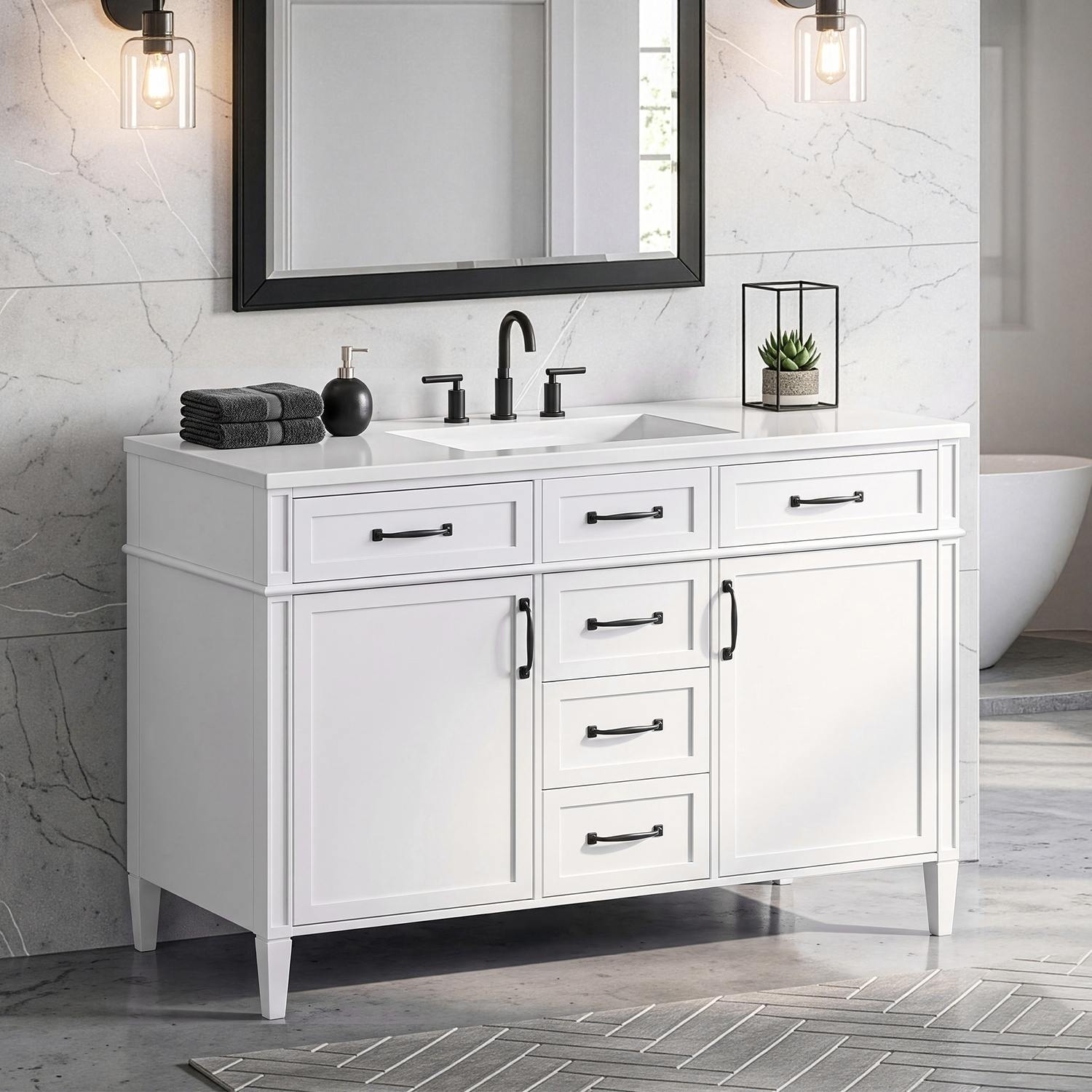 angled perspective modern white 48 inch freestanding bathroom vanity cabinet with molded composite sink top