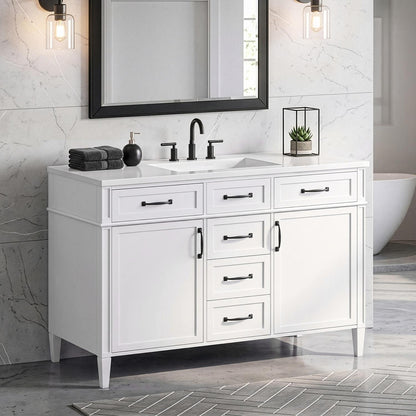 angled perspective modern white 48 inch freestanding bathroom vanity cabinet with molded composite sink top