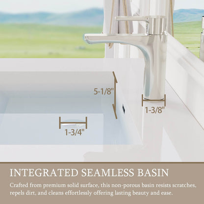 assembled modular solid surface white basin depth specs and chrome faucet overflow drain close up