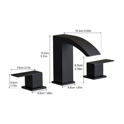 Matte Black 2 Handle Waterfall Widespread Bathroom Faucet for 3 Hole Sink