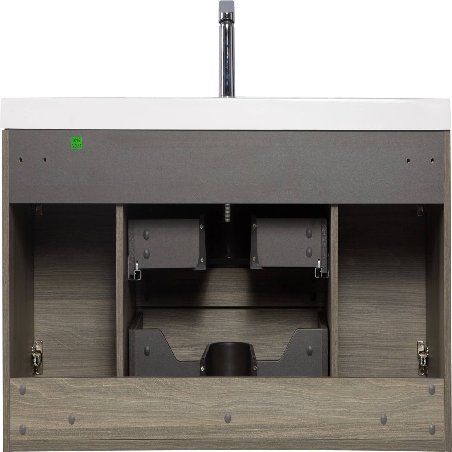 back panel view of 48 inch floating bathroom vanity cabinet showing plumbing cutout access