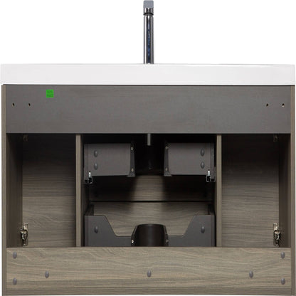 back panel view of 48 inch floating bathroom vanity cabinet showing plumbing cutout access