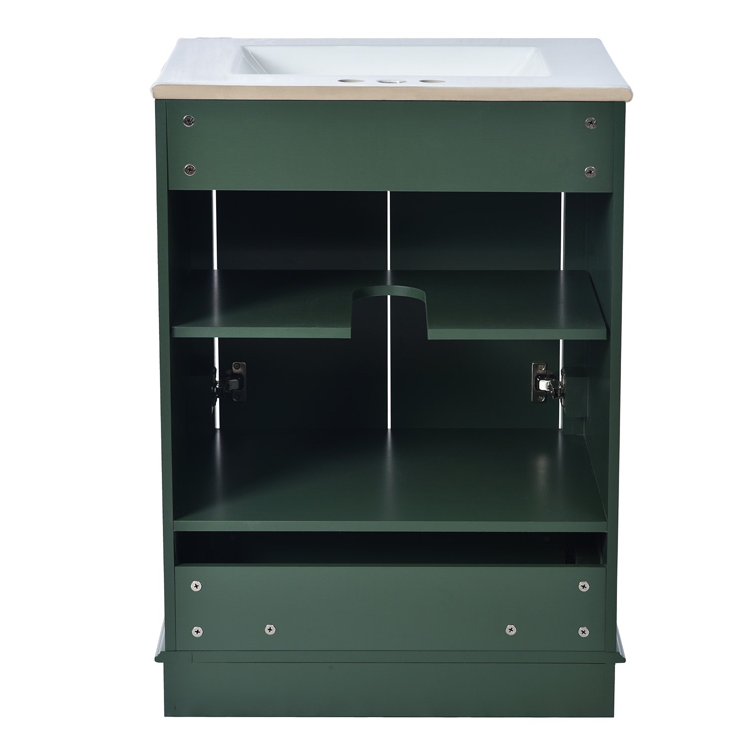 back view of 24-inch deep green freestanding bathroom vanity