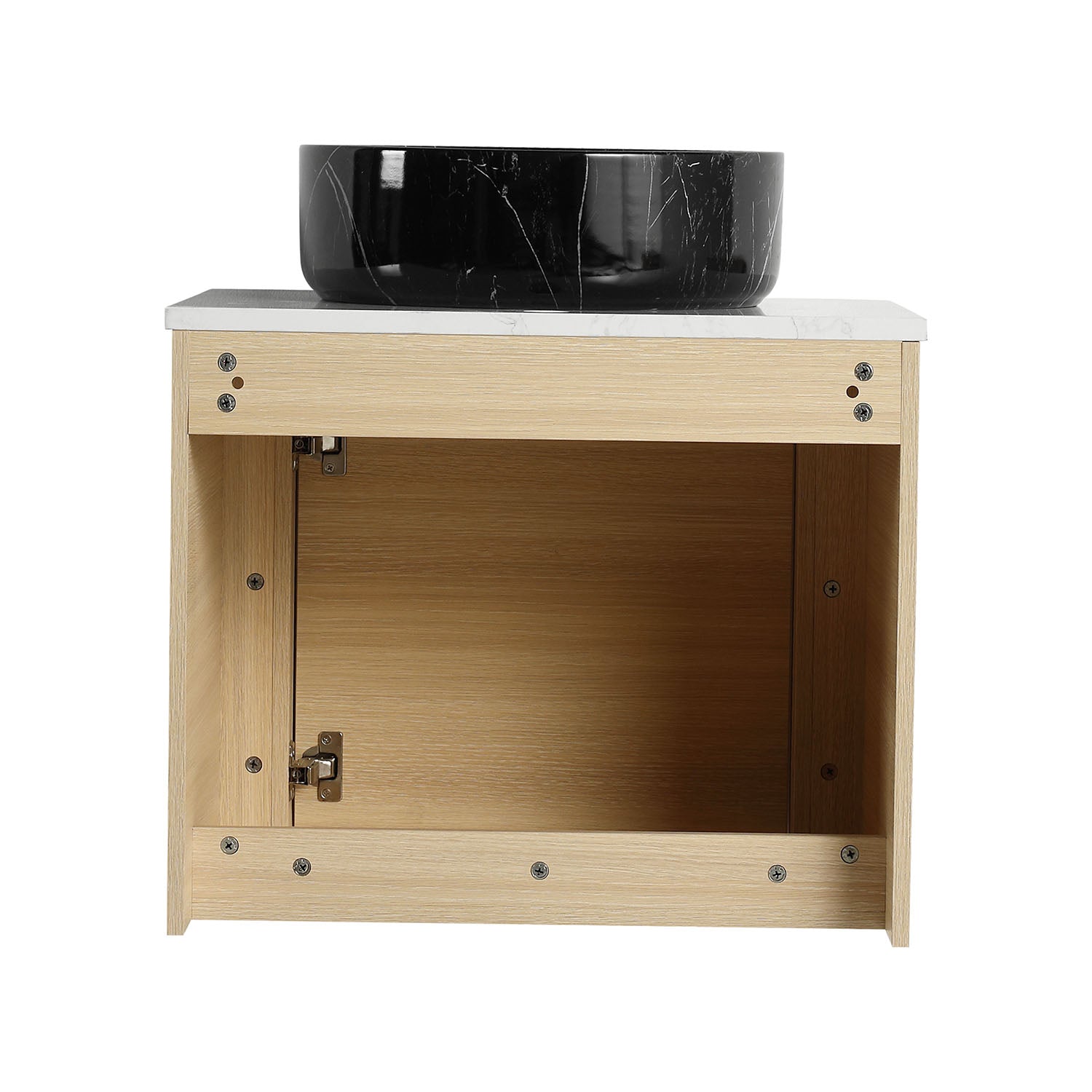 back view of 24 inch White Oak Bathroom Vanity with Black Marble Texture Ceramic Vessel Sink