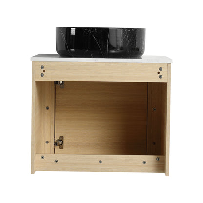 back view of 24 inch White Oak Bathroom Vanity with Black Marble Texture Ceramic Vessel Sink