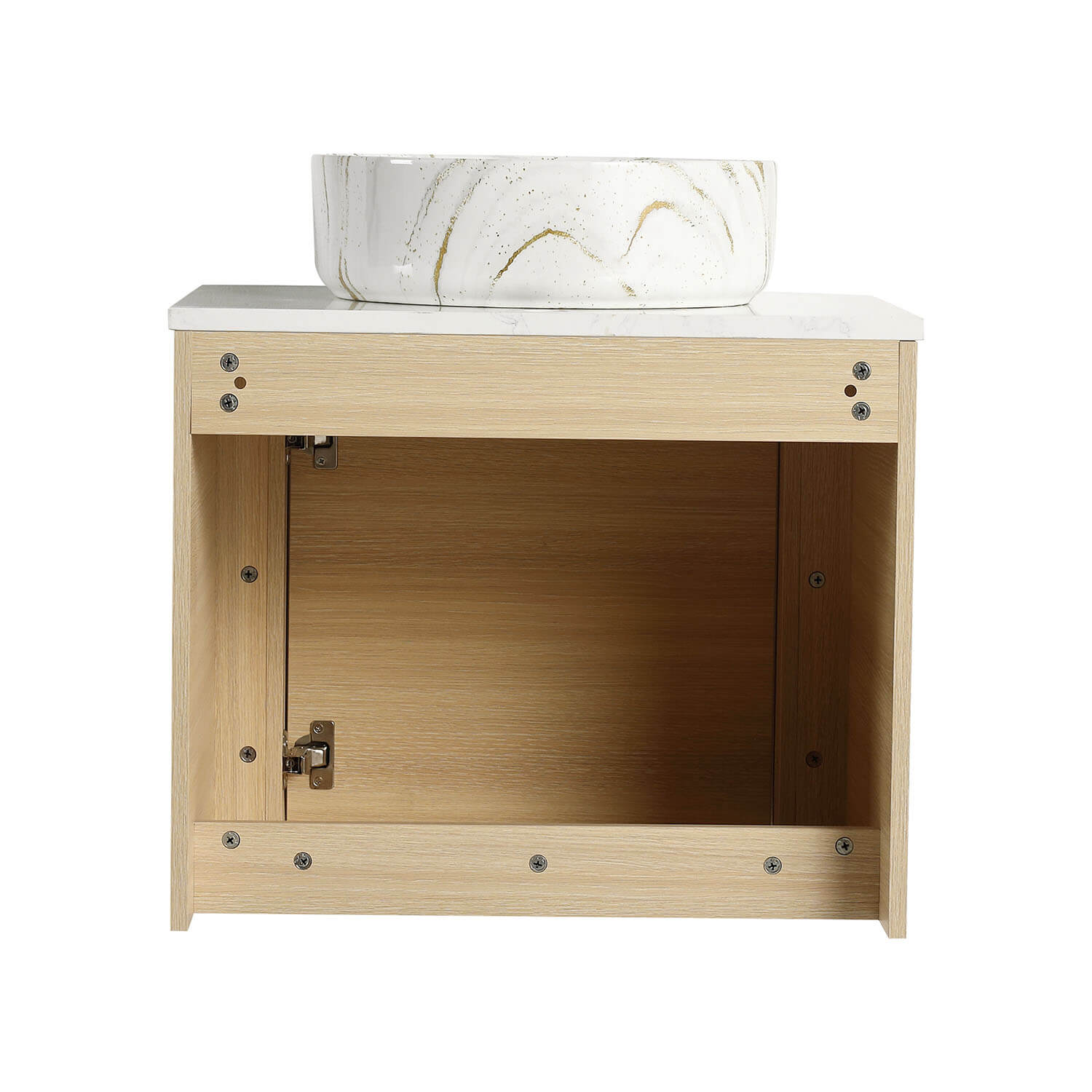 back view of 24 inch White Oak Bathroom Vanity with Golden Stone Pattern Ceramic Vessel Sink