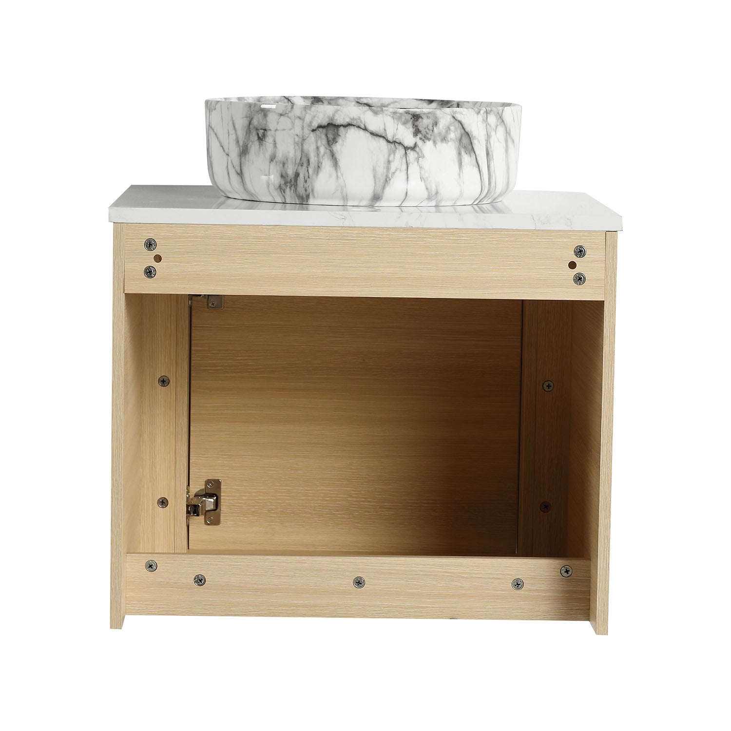 back view of 24 inch White Oak Bathroom Vanity with Marble Pattern Ceramic Vessel Sink