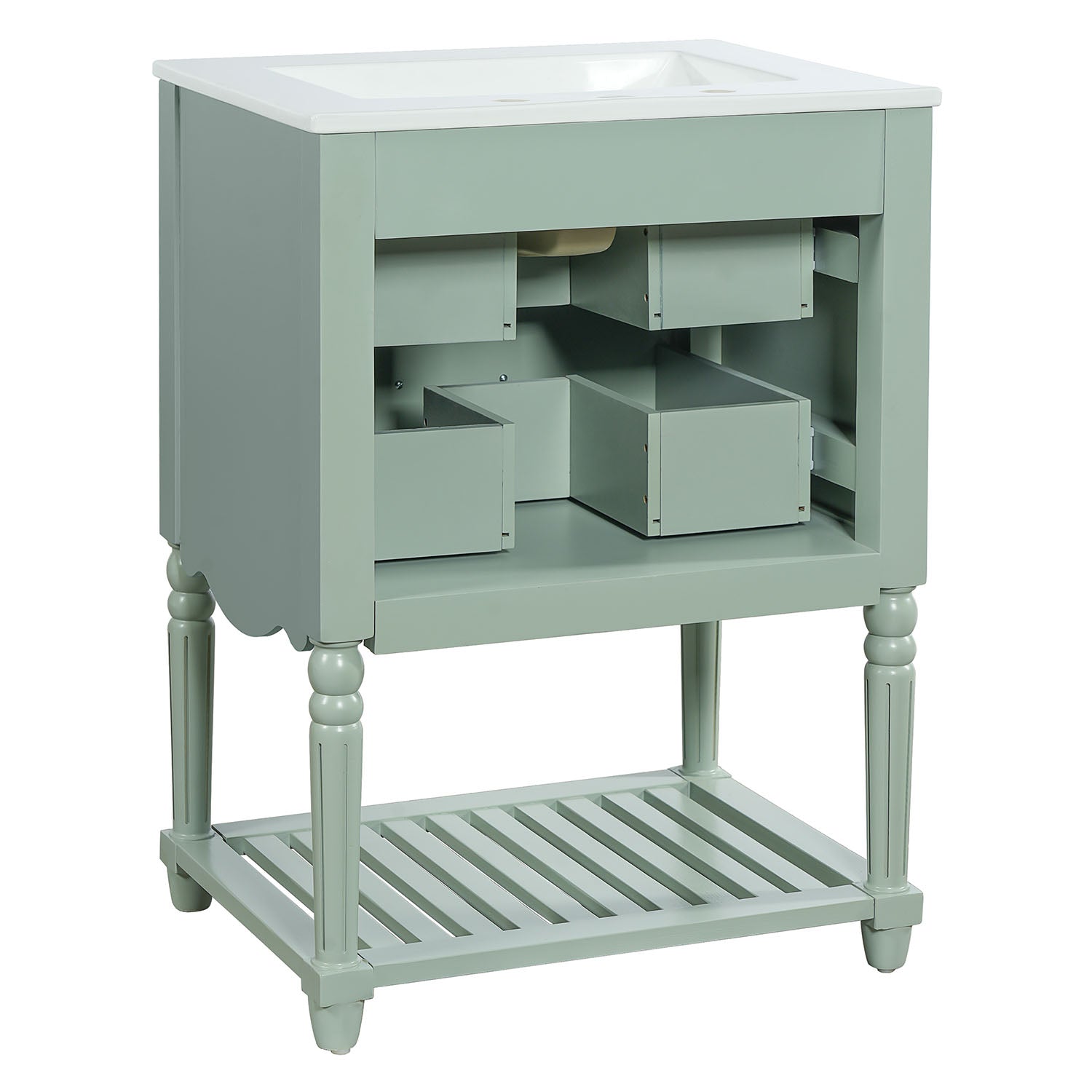 close up of U shaped drawer on green bathroom vanity