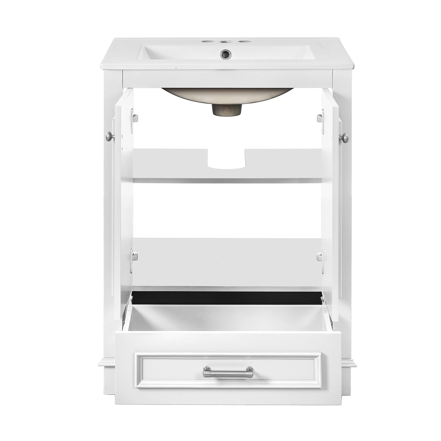 back view of 24 inch white bathroom vanity with ceramic sink