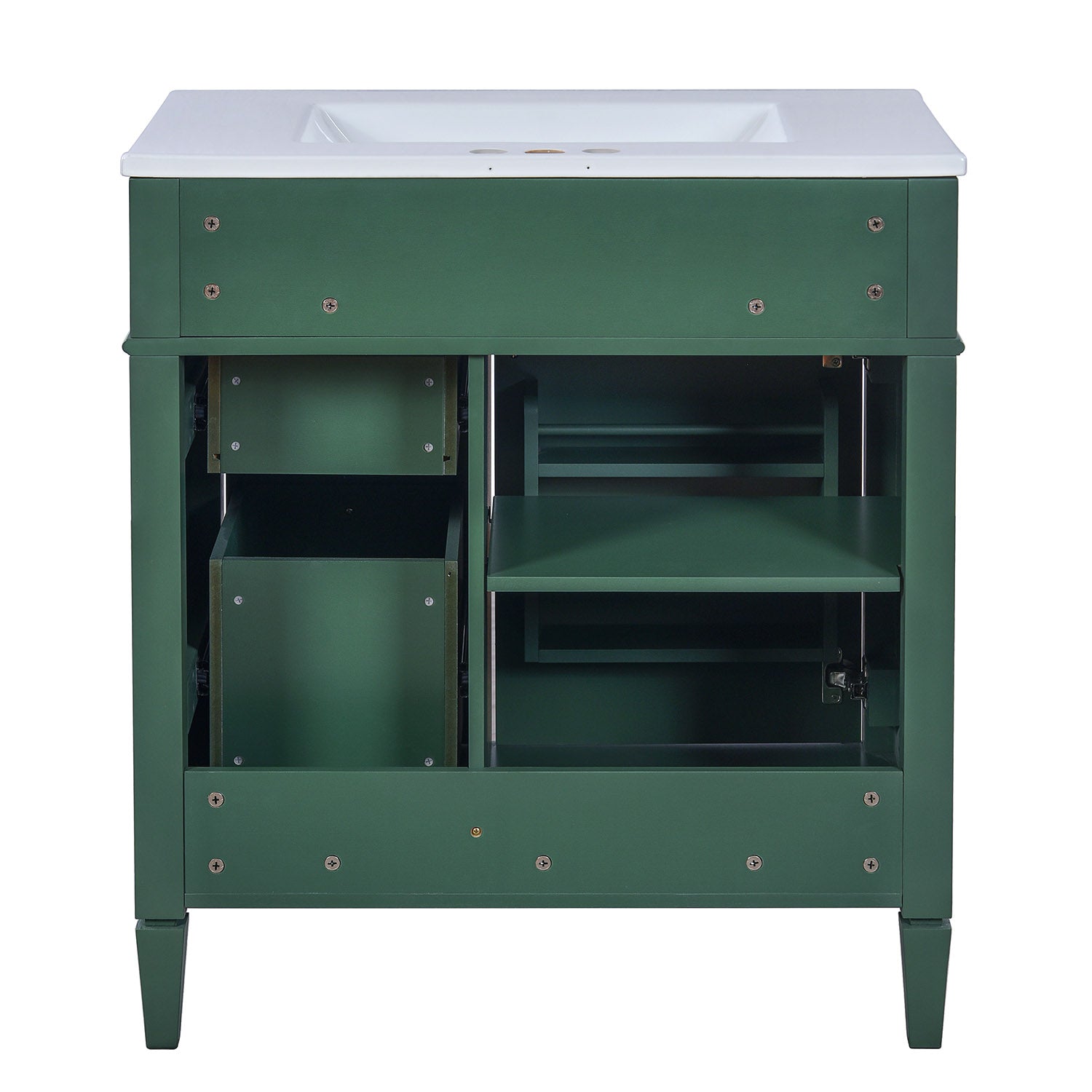 back view of 30-inch Deep Green Freestanding Bathroom Vanity with Flip-Out Tray