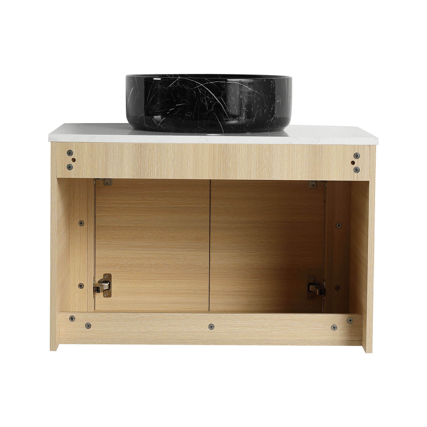 back view of 30 inch White Oak Bathroom Vanity with Black Marble Texture Ceramic Vessel Sink