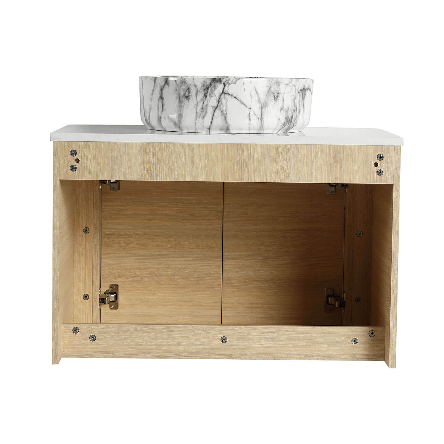 back view of 30 inch White Oak Bathroom Vanity with Marble Pattern Ceramic Vessel Sink