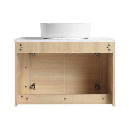 back view of 30 inch White Oak Bathroom Vanity with White Ceramic Vessel Sink