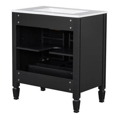 back view of 30 inch black bathroom vanity with open plumbing access