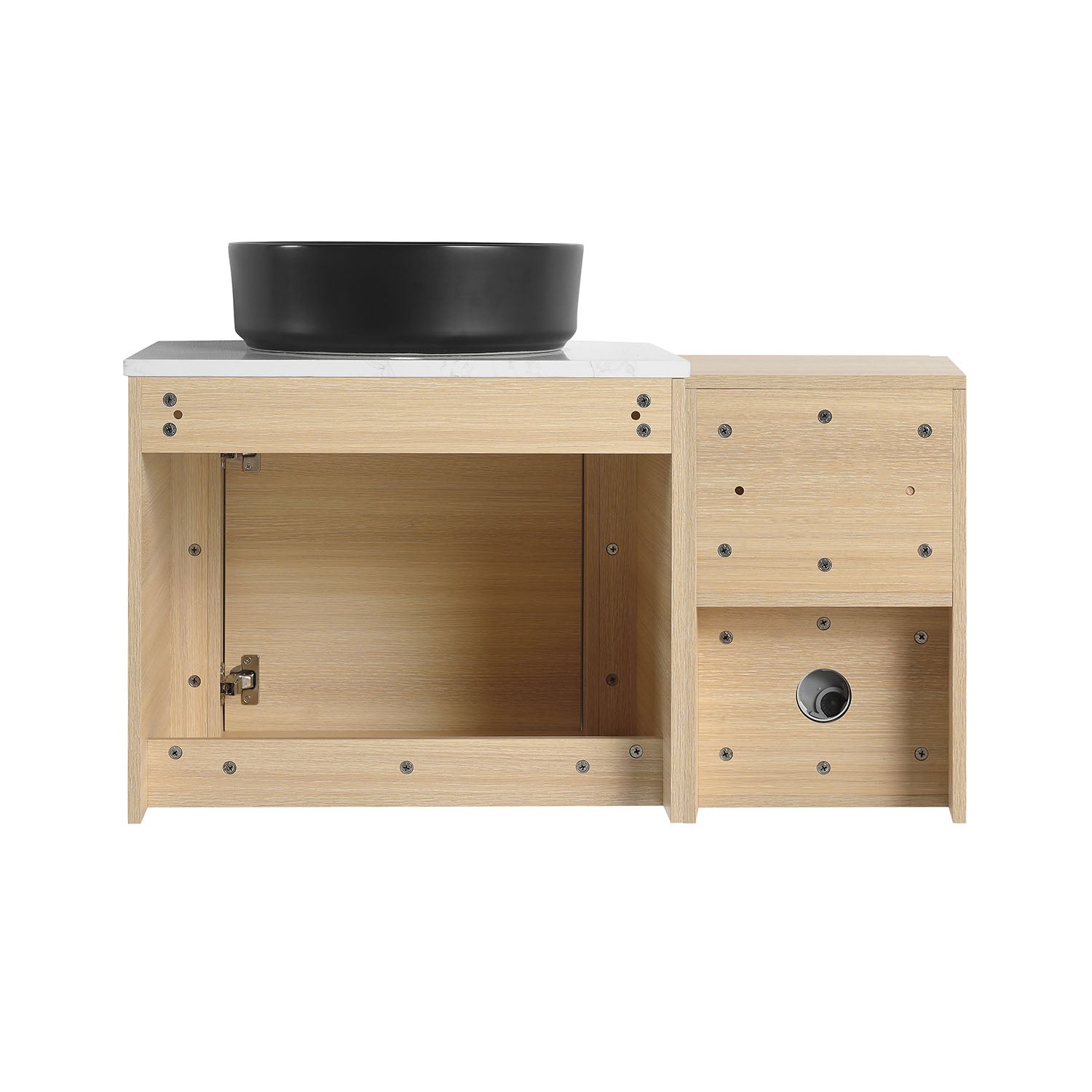 back view of 36 inch White Oak Bathroom Vanity with Black Ceramic Vessel Sink and Open Shelves