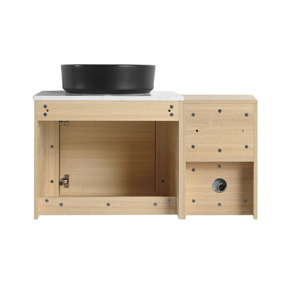 back view of 36 inch White Oak Bathroom Vanity with Black Ceramic Vessel Sink and Open Shelves