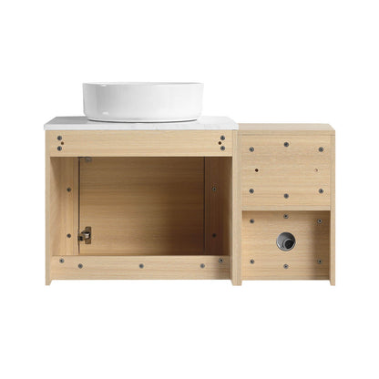 back view of 36 inch White Oak Bathroom Vanity with White Ceramic Vessel Sink and Open Shelves