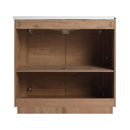 back view of 36 inch White Oak Freestanding Bathroom Vanity with White Ceramic Sink