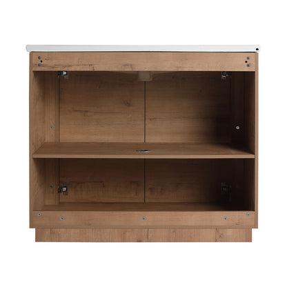 back view of 40 inch White Oak Freestanding Bathroom Vanity with White Ceramic Sink