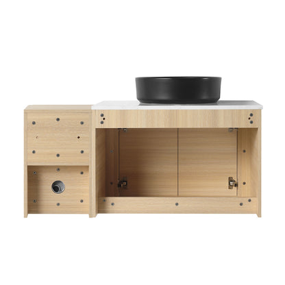 back view of 42 inch White Oak Bathroom Vanity with Black Ceramic Vessel Sink and Open Shelves