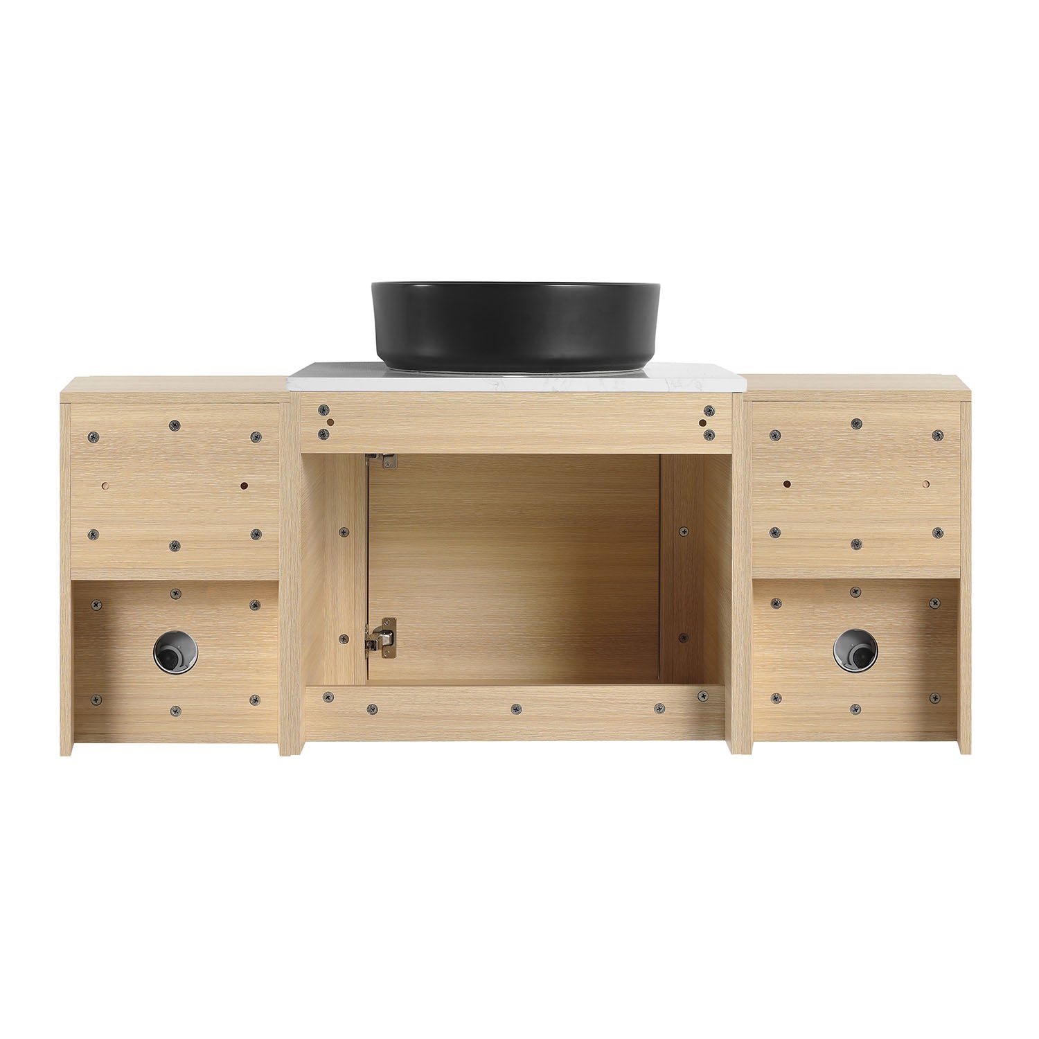 back view of 48 inch White Oak Bathroom Vanity with Black Ceramic Vessel Sink and Two Open Shelves