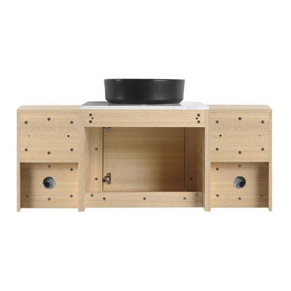 back view of 48 inch White Oak Bathroom Vanity with Black Ceramic Vessel Sink and Two Open Shelves