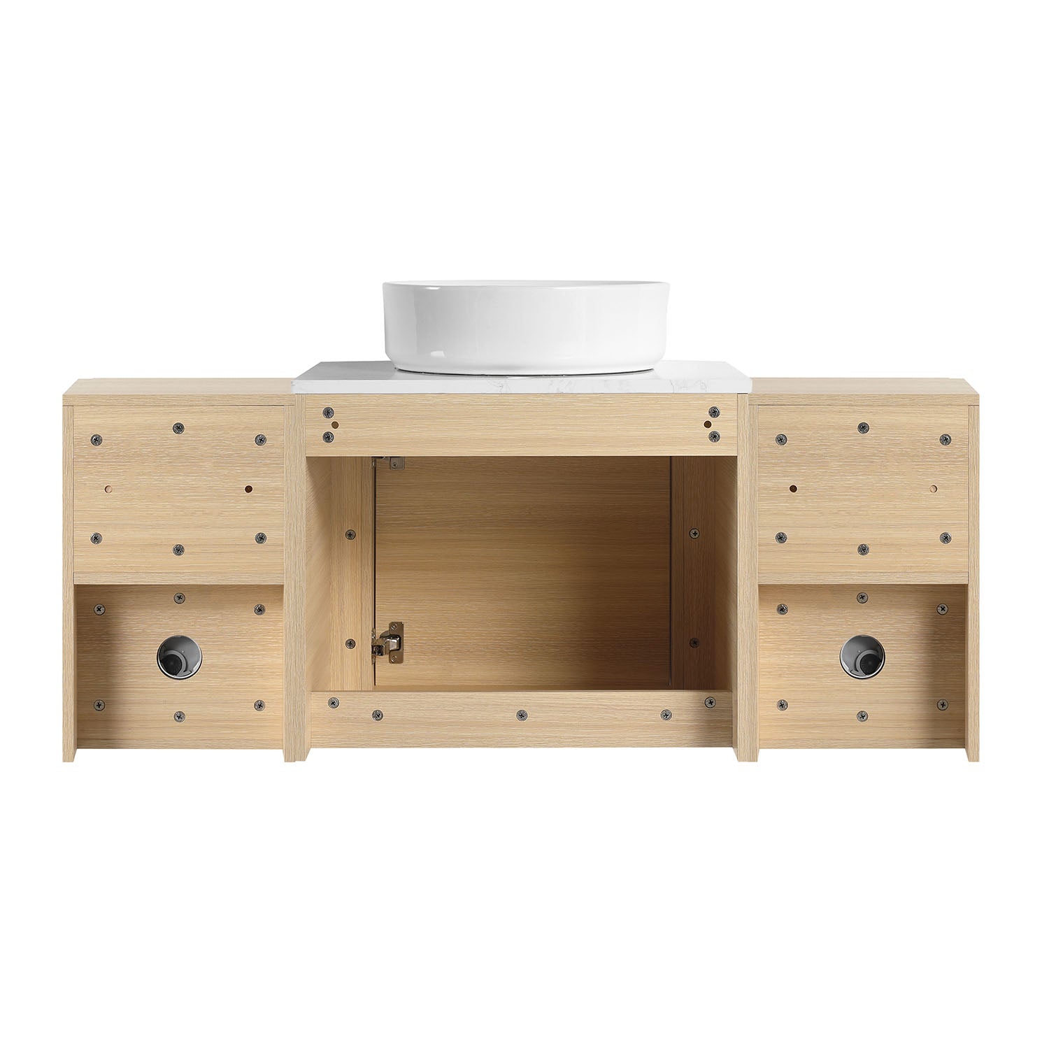 back view of 48 inch White Oak Bathroom Vanity with White Ceramic Vessel Sink and Two Open Shelves